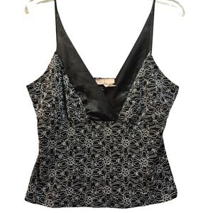 Obe Womens Black Silver Metallic Lace Satin V-Neck Camisole Cami Top Size L USA
